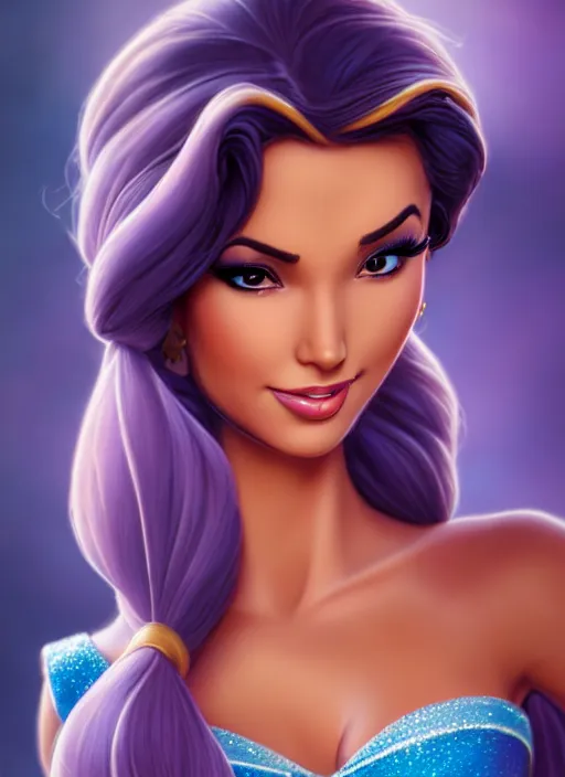 Image similar to gorgeous disney princess jasmine, hyper realistic, professionally retouched, muted colors, soft lighting, realistic, smooth face, full body shot, torso, dress, perfect eyes, sharp focus on eyes, 8 k, high definition, insanely detailed, intricate, elegant, art by j scott campbell and artgerm