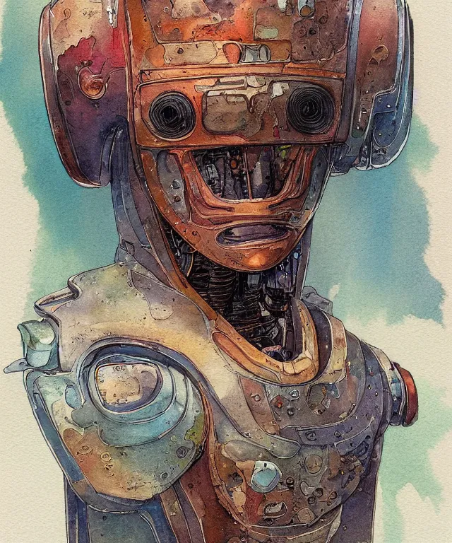 Image similar to a watercolor painting character portrait of a robot machine mutant in the style of jean giraud in the style of moebius trending on artstation deviantart pinterest detailed realistic hd 8 k high resolution