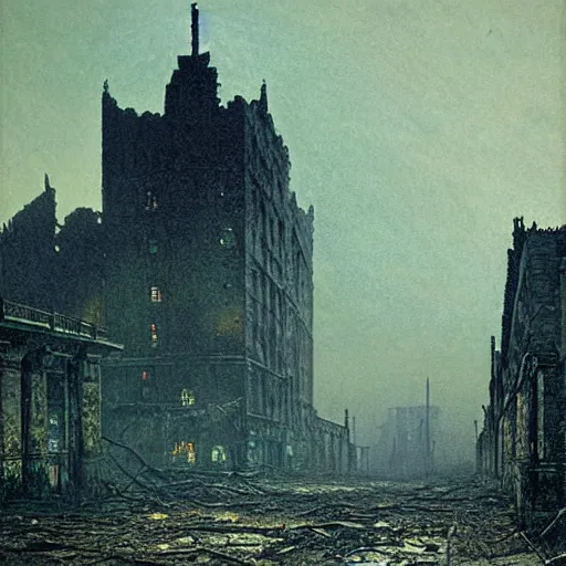 Prompt: the dead city, ruined buildings like broken teeth, artwork by John Atkinson Grimshaw