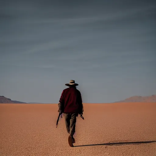 Prompt: man wandering the desert solemnly, realistic 8k