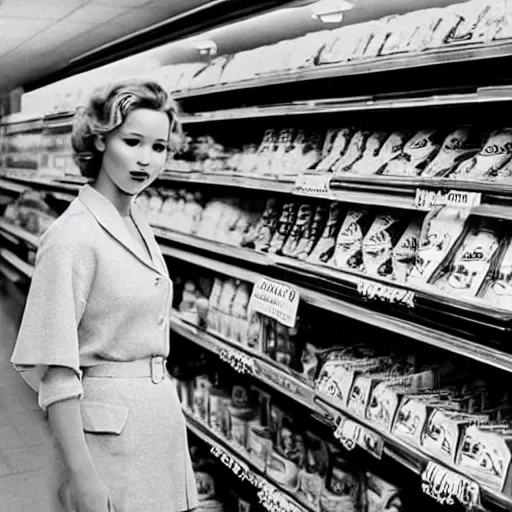 Prompt: jennifer lawrence in a grocery store in the 1950's, high quality, hyper realistic,