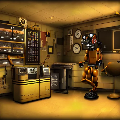 Prompt: a broken animatronic in a part of service room fnaf style photo - realistic digital art