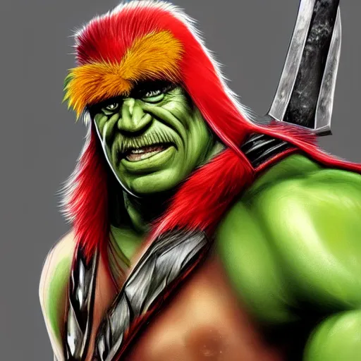 Prompt: close portrait of hulk hogan as fantasy barbarian warrior. fantasy art, trending on art station