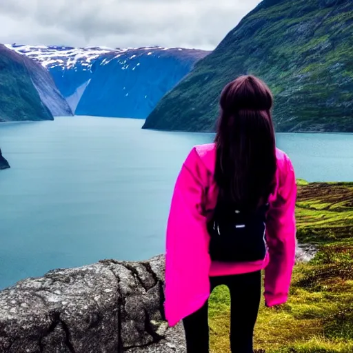 Image similar to a young woman with long pink hair looking at fjords, hiking clothes, tank top, backpack, norway, fjords in background, cinematic, beautiful, stunning, day time, epic, 8 k