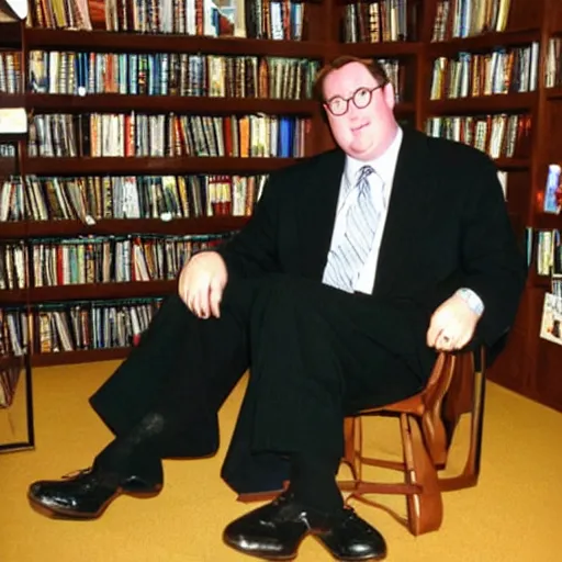 Prompt: 2 0 0 3 john lasseter wearing a black suit and necktie and black shoes sitting in a chair with his legs crossed in a bookstore. the sole of the shoe is exposed.