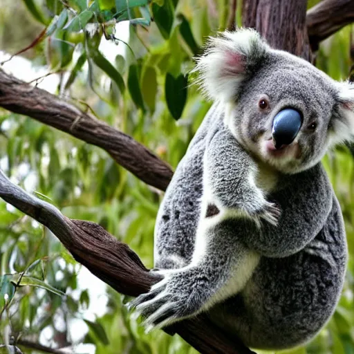 Prompt: Koala Bear, its face replaced by Gladys Berejiklian, climbing in a tree in the Australia bush.