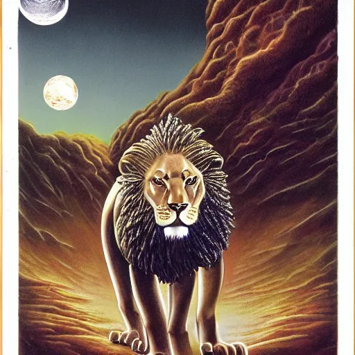 Prompt: an anthropomorphic lion by jim burns, james gurney, and david a. hardy