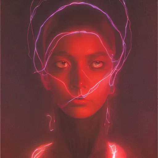 Image similar to Portrait Masterpiece, Wanda Maximoff, red, glowing, wires everywhere, by Edgar Maxence and Ross Tran, Zdzisław Beksiński, and Michael Whelan, distant, gustav dore, H.R. Giger, 8k, octane render