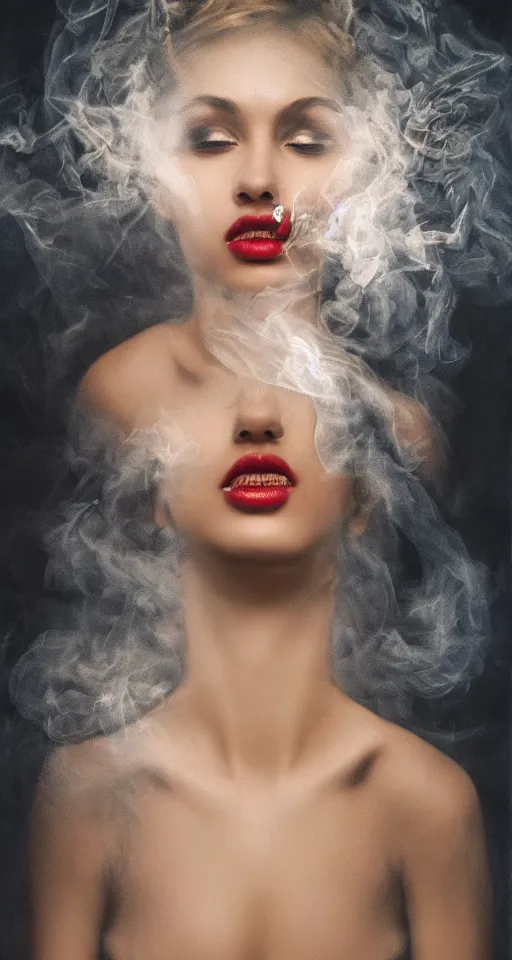 Prompt: a portrait of a beautiful woman with smoke and fire coming out of her eyes, a masterpiece