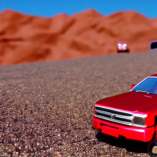 Image similar to 3 5 mm photo of metallic red suburban car like hot wheels model in desert as background, on an epic cinematic