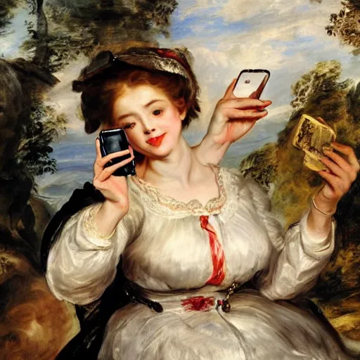 Image similar to heavenly summer sharp land sphere scallop well dressed lady taking a selfie with her cellphone auslese, by peter paul rubens and eugene delacroix and karol bak, hyperrealism, digital illustration, fauvist, cellphone