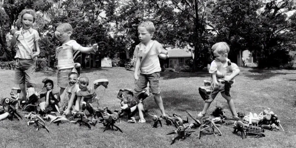 Image similar to kids playing with alien toy in their front yard, 1 9 5 0 s picture