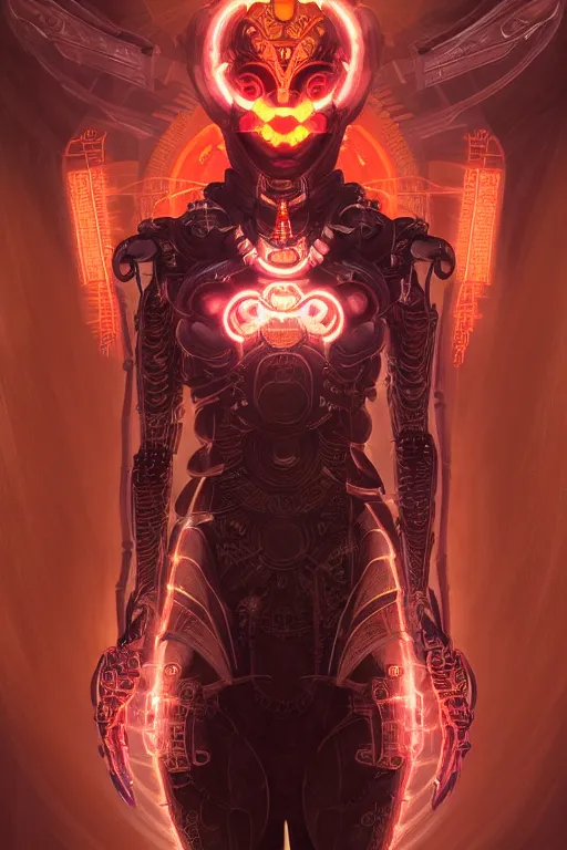 Image similar to asura from chinese myth, ghost, mecha, symmetrical. sci - fi, tech wear, glowing lights, intricate, elegant, highly detailed, digital painting, highly detailed, digital painting, artstation, concept art, smooth, sharp focus, illustration, art by artgerm and greg rutkowski and alphonse mucha