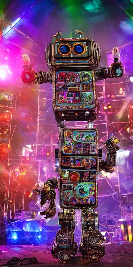 Image similar to a selfie of a happy robot in frront of an outdoor festival stage with audience, on stage is a rockband with 3 steampunk robots with guitars and drums, center of the stage is a big steampunk generator, laser show, 8 k, fluorescent colors, halluzinogenic, multicolored, exaggerated detailed, unreal engine