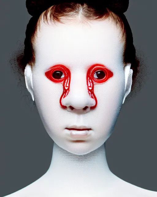 Image similar to portrait of a woman wearing a white embroidered translucent silicone mask and white red frizzy hair buns, wearing a black bodysuit by alexander mcqueen, cream white background, soft diffused light, biotechnology, humanoide robot, bjork aesthetic, translucent, by rineke dijkstra, intricate details, highly detailed, masterpiece,