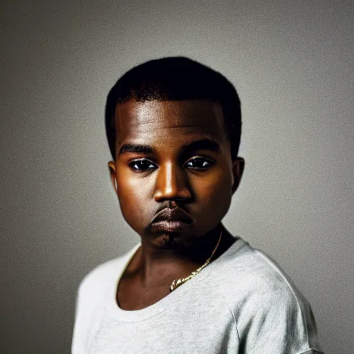 Prompt: the face of young kanye west wearing yeezy clothing at 1 2. 5 years old, portrait by julia cameron, chiaroscuro lighting, shallow depth of field, 8 0 mm, f 1. 8