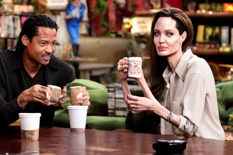 Image similar to angelina jolie and the predator, best friends, drinking coffee at central perk, still photo, hyperrealistic, 35mm, 8k, by weta digital