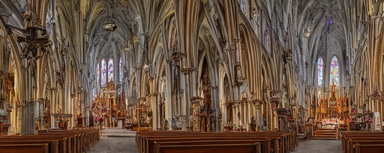 Prompt: a catholic church made out of candy, 4 k hdr, smooth, sharp focus, hyper realistic, award - winning photo, old english artstyle