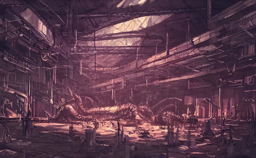 Image similar to a bio - monster in a mess warehouse, crystal lights, resident evil, sci - fi atmosphere, cel - shading, cinematic, artstation, studio ghibli, miyazaki, highly details