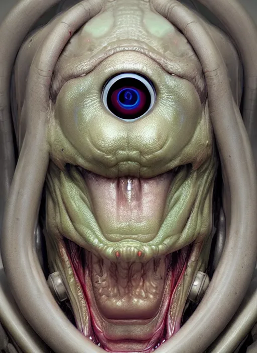 Image similar to portrait of a space alien, varying detailed skin, octane render, piercing glowing eyes, realistic render, detailed, ugly, slimy unreal engine, symmetrical!!, greg rutkowski and ruan jia, cinematic