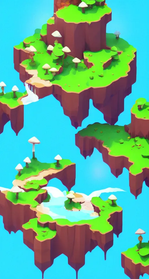 Image similar to a cute little matte low poly isometric mushroom island, waterfalls, lat lighting, soft shadows, trending on artstation, 3d render, monument valley, fez video game,