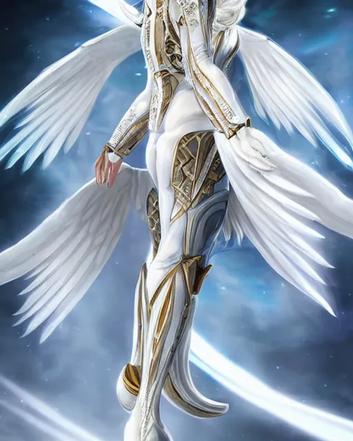 Image similar to perfect white haired attractive egyptian goddess with huge white dove wings, warframe armor, regal, ornate, beautiful, symmetric, dreamy, half asian, pretty face, blue eyes, detailed, scifi platform, laboratory, experiment, 4 k, ultra realistic, epic lighting, android body, illuminated, cinematic, masterpiece, art by akihito tsukushi, voidstar