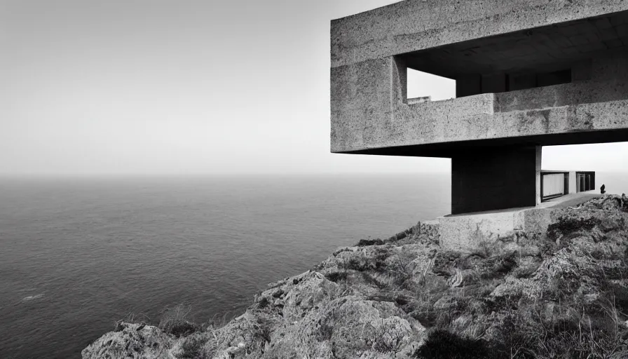 Image similar to military brutalist base perched on a cliff overlooking a magnificient bay, drawing architecture, fog horizon, pritzker architecture prize, greig fraser