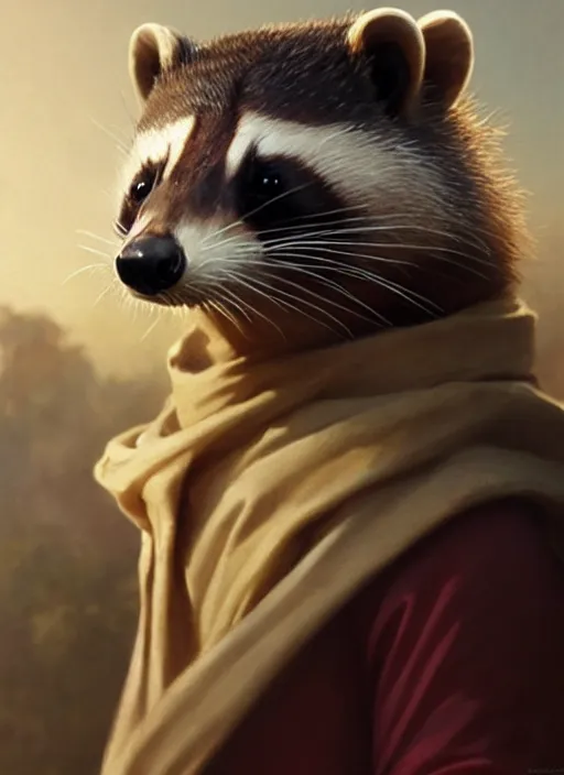 Prompt: a beautiful closeup shot from a marvel film of a anthropomorphic ferret wearing a loose tunic. an anthropomorphic raccoon. portrait. joseph ducreux, greg rutkowski.