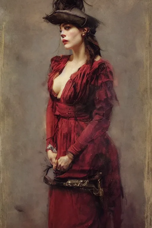 Image similar to Solomon Joseph Solomon and Richard Schmid and Jeremy Lipking victorian genre painting full length portrait painting of a young beautiful woman traditional german french actress model pirate wench in fantasy costume, red background