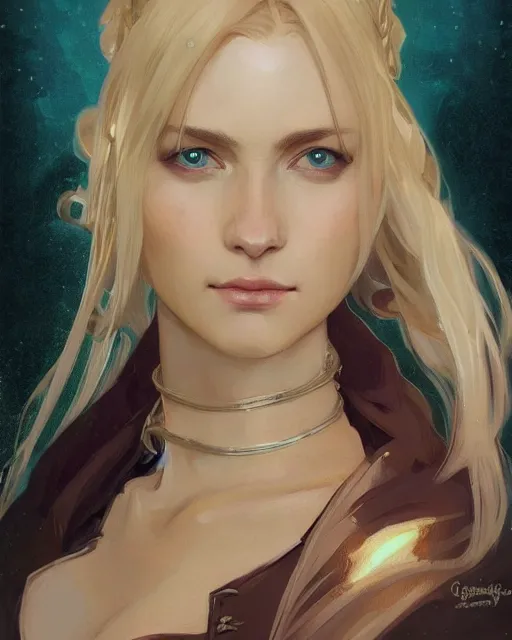 Image similar to '' Portrait of Beautiful blonde Slavic woman in her early 30’s, league of legends, LOL, fantasy, d&d, digital painting, artstation, concept art, sharp focus, illustration, art by greg rutkowski and alphonse mucha ''