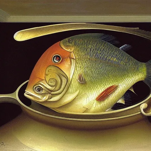 Image similar to a fish on the top of a pile of fish, inside a cooking pot, side view, by vladimir kush, dystopian aer, rococo