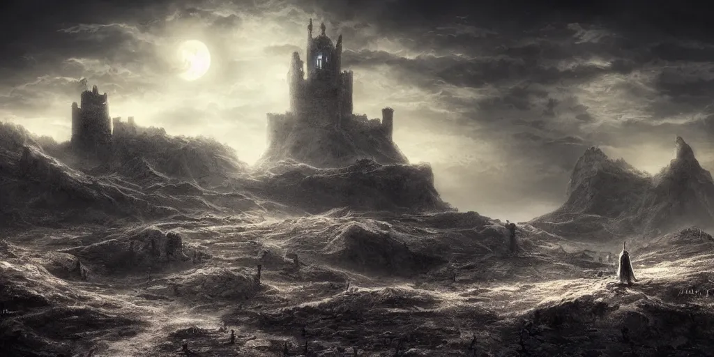 Prompt: old mage traveling a barren landscape towards a distant castle, dramatic moonlight, apocalyptic fantasy, mmo, digital art, 4 k