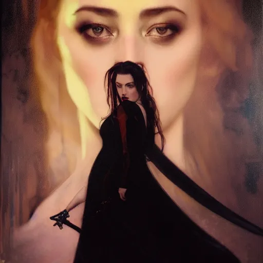 Image similar to hyperrealistic portrait of amber heard as a vampire witch in a black coat as a reflection in water in stone. by jeremy mann and alphonse mucha, fantasy art, photo realistic, dynamic lighting, artstation, poster, volumetric lighting, very detailed faces, 4 k, award winning