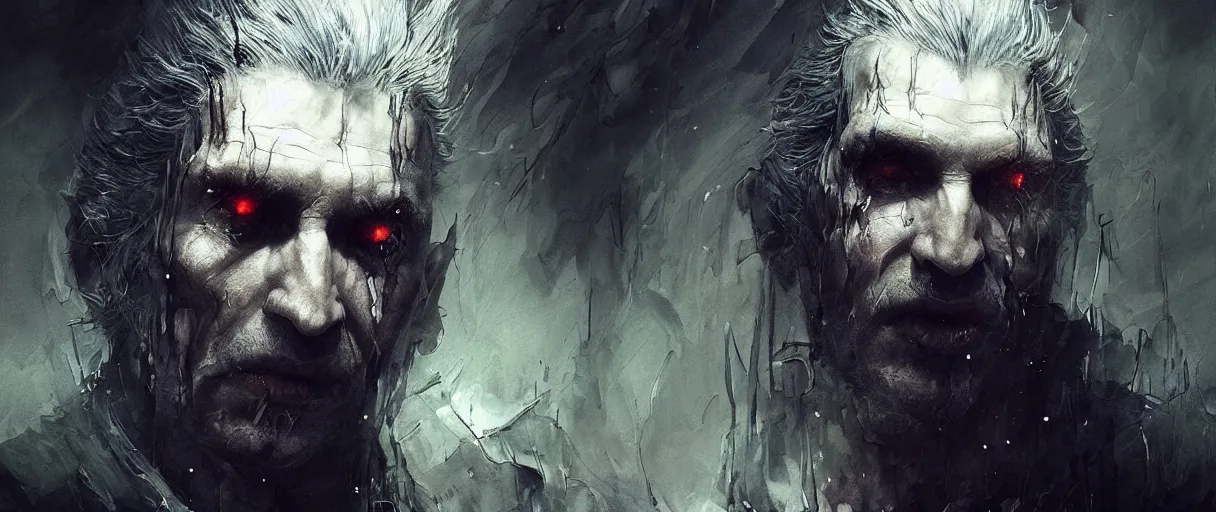 Image similar to portrait of the unseen elder vampire from witcher 3 by emil melmoth zdzislaw beksinki craig mullins yoji shinkawa realistic render ominous detailed photo atmospheric by jeremy mann francis bacon and agnes cecile ink drips paint smears digital glitches glitchart
