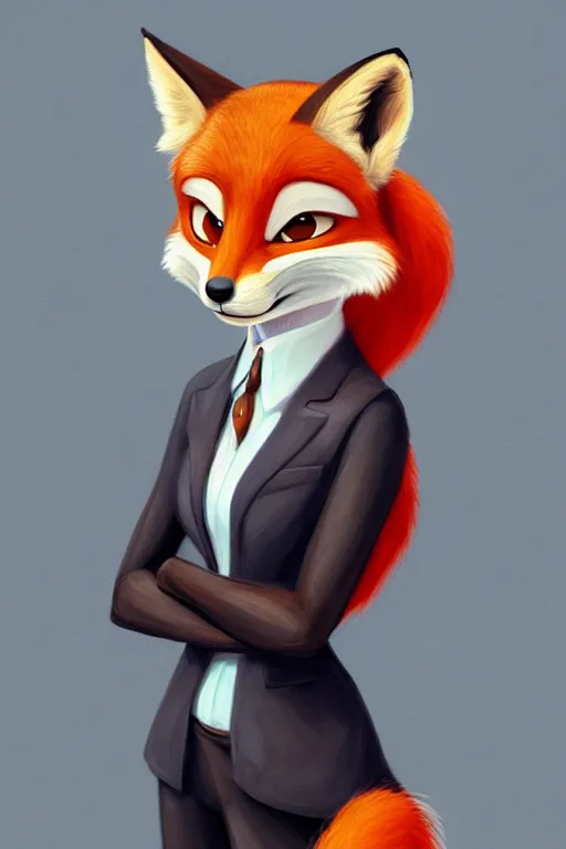 Image similar to oil painting of anthromorphic female fox, in style of zootopia, female fursona, furry, furaffinity, 4 k, deviantart, furry art, fursona art, wearing black business suit, business suit, fox fursona, female, smug expression,