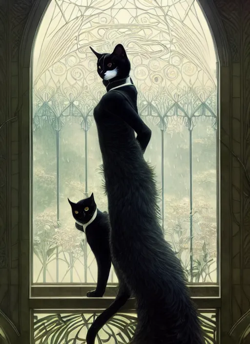 Image similar to tuxedo cat taking shelter from the rain, fantasy, intricate, elegant, hyper detailed, ultra definition, photoreal, artstation, unreal engine rendered, concept art, smooth, sharp focus, illustration, art by artgerm and greg rutkowski and alphonse mucha and garis edelweiss