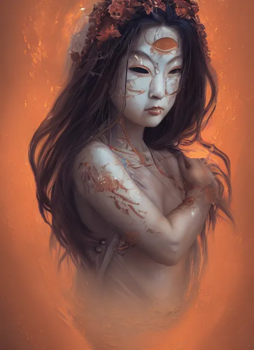 Image similar to a beautiful detailed oil on copper art illustration of a japanese okame mask woman, centered, by charlie bowater, zeng fanzh, trending on artstation, dim dusk lighting, cinematic lighting, detailed lighting, volumetric lighting, realistic, f 8, 4 k hd wallpaper