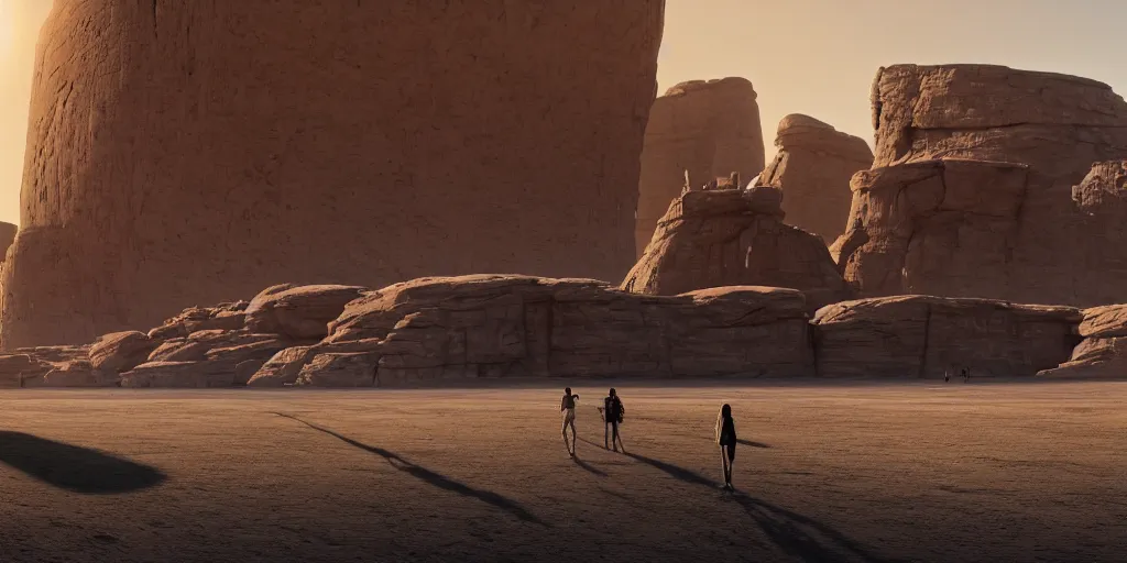 Image similar to an enormous monolithic alien building in the desert, a large line of people are walking toward it starting at the foreground and ending at the building, single file, in the foreground on a rock is an alien creature catching a fly with its tongue, two suns are in the sky, clear skies, volumetric light, hyperdetailed, artstation, cgsociety, 8k