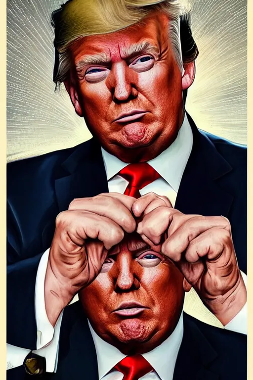 Prompt: photorealistic portrait photograph of donald trump!! with nuclear!! schematics, handsome, depth of field, soft focus, highly detailed, intricate, realistic, national geographic cover, soft glow, textured, artstation, concept art, sharp focus, illustration, art by artgerm and greg rutkowski and alphonse mucha