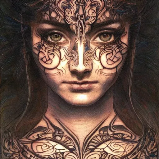 Image similar to Extreamly beautiful Eyes, tattooed face, Hypnotic Eyes, Emotional Eyes, by Annie Swynnerton and Nicholas Roerich and jean delville, glowing paper lanterns, Luis Royo, strong dramatic cinematic lighting , ornate tiled architecture, lost civilizations, smooth, sharp focus, extremely detailed