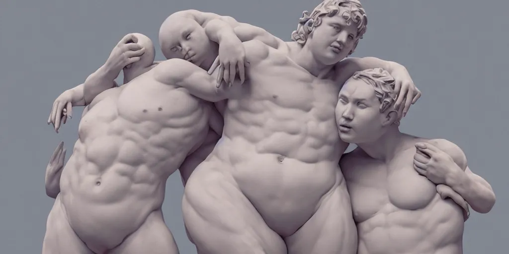 Image similar to greek sculpture of intertwined chubby bodies painted in pastel colors. artwork by James Jean and Tooth Wu and wlop and beeple and greg rutkowski and nekroxiii. octane render, cinematic, hyper realism, redshift render, 8k, depth of field, iridescent accents