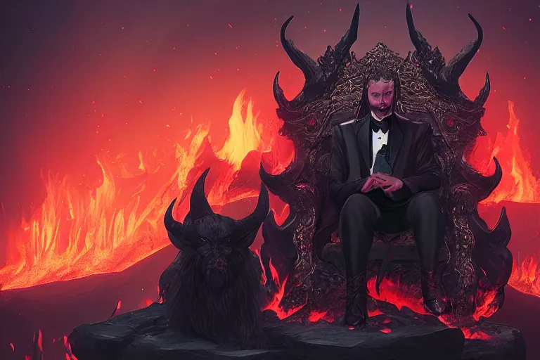 Image similar to A Male Devil sits on a throne and wears a black tuxedo , hell, landscape, fire, environment, Artstation