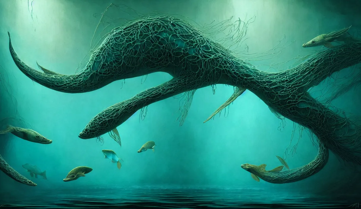 Prompt: epic professional digital art of aquatic life, ambient teal light, painted, mysterious, closeup cinematic aquatic scene, eerie, mythic, detailed, intricate, grand, leesha hannigan, wayne haag, reyna rochin, ignacio fernandez rios, mark ryden, van herpen, artstation, cgsociety, epic, stunning, gorgeous, wow wow detail