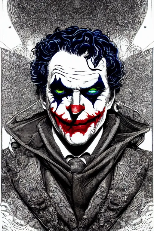 Image similar to colorful!!! joker portrait by laurie greasley and hans bellmer, ( ( etching by gustave dore ) ), ultraclear intricate, sharp focus, highly detailed digital painting illustration, concept art, masterpiece