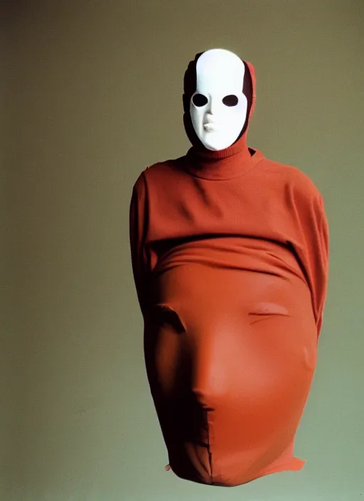 Image similar to a fashion portrait photograph of a man wearing a plastic mask designed by james turrell, 3 5 mm, color film camera,