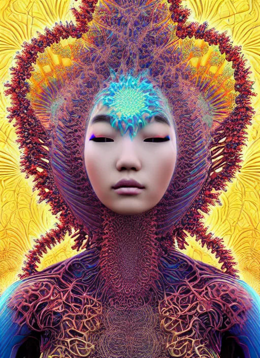 Prompt: ridiculously beautiful young asian woman tripping, coral fractals radiating from head with sacred geometry, cosmic, natural, awakening, symmetrical, in the style of ernst haeckel, effervescent, warm, photo realistic, epic and cinematic