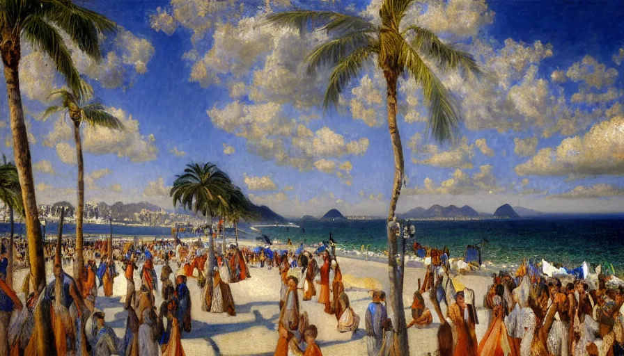 Image similar to a ultradetailed beautiful painting of the thunderstorm sky of the rio de janeiro palace balustrade designed by jules bastien - lepage, tarsila do amaral, frank weston and gustave baumann, beach, trending on artstation, mediterranean, palm trees, sharp focus, colorful refracted sparkles and lines, soft light, 8 k 4 k