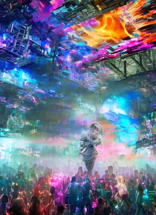 Prompt: cinematic shot cyberspace of creativity, very large floating translucent videos, hyper realistic, mood lighting, fantasy, detailed happy people creating diverse art hands in the air, big video statues, highly detailed, super realistic, perfect lighting pixel sorting, style sheet