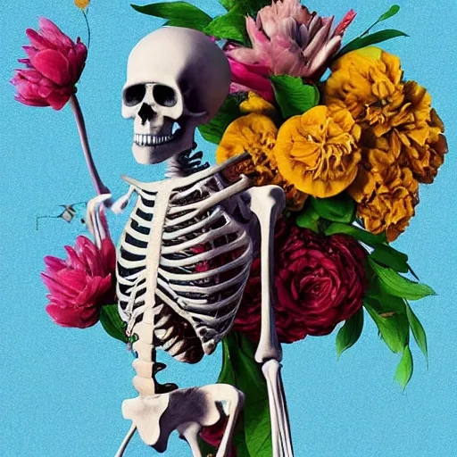 Image similar to a painting of a skeleton with a bird on its shoulder, a digital painting by Chris LaBrooy, cgsociety, vanitas, made of flowers, poster art, rendered in cinema4d