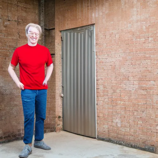 Image similar to tom scott wearing the iconic red shirt while working behind a general shop counter, happy, bright lighting, photorealistic, 4 k